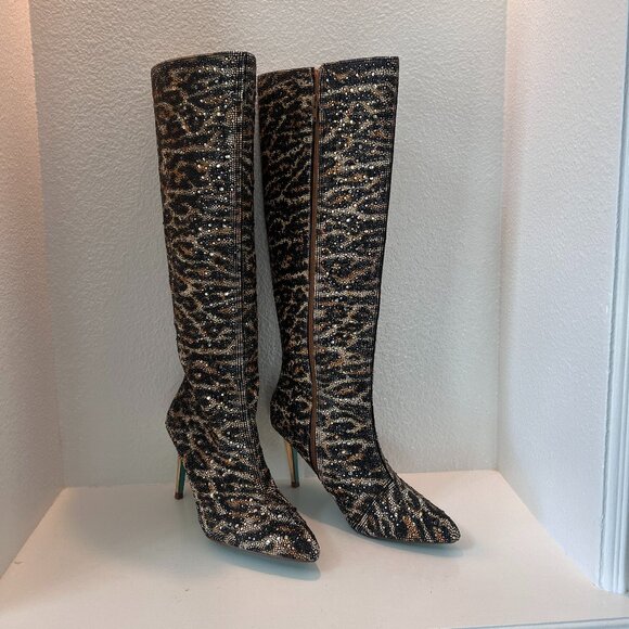 NEW Betsey Johnson Brea Leopard Rhinestone High Boots - Size 9.5 - Picture 2 of 12
